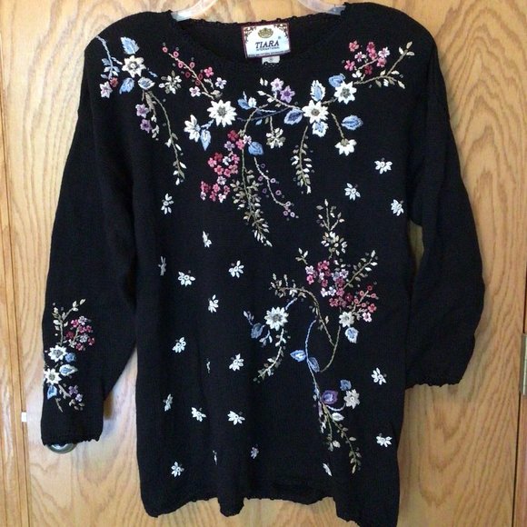 Tiara International Sweaters - Tiara International - Vintage Long Black Embroidered & Beaded Sweater